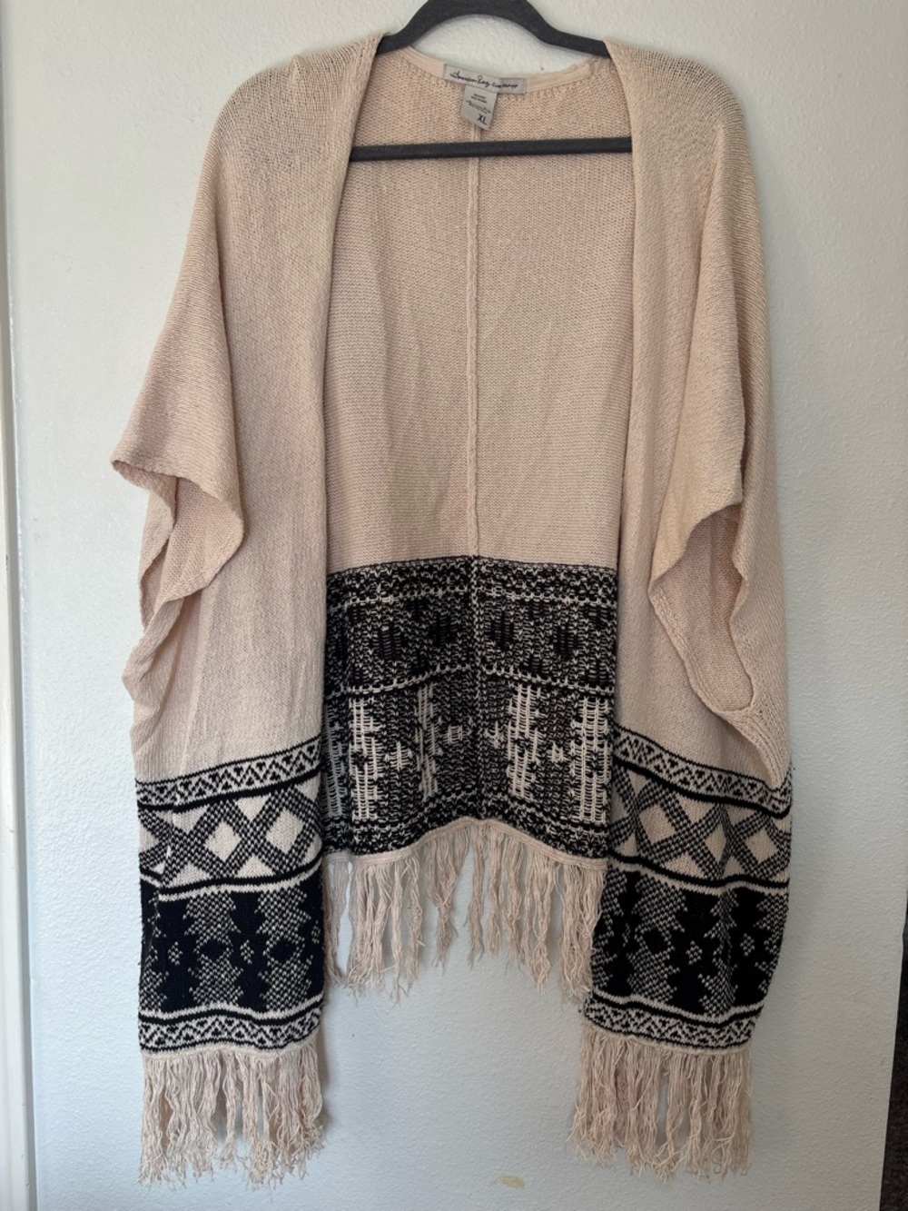 American Rag Beige and Black Fringe Knit Poncho